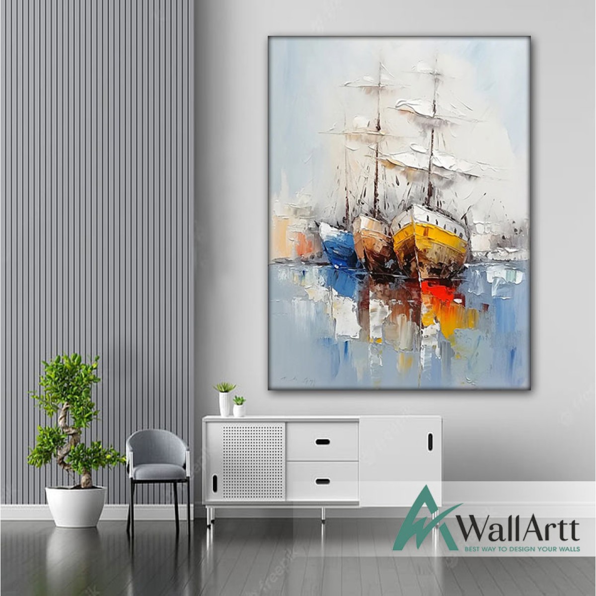 Colorful Sailboats 3d Heavy Textured Partial Oil Painting